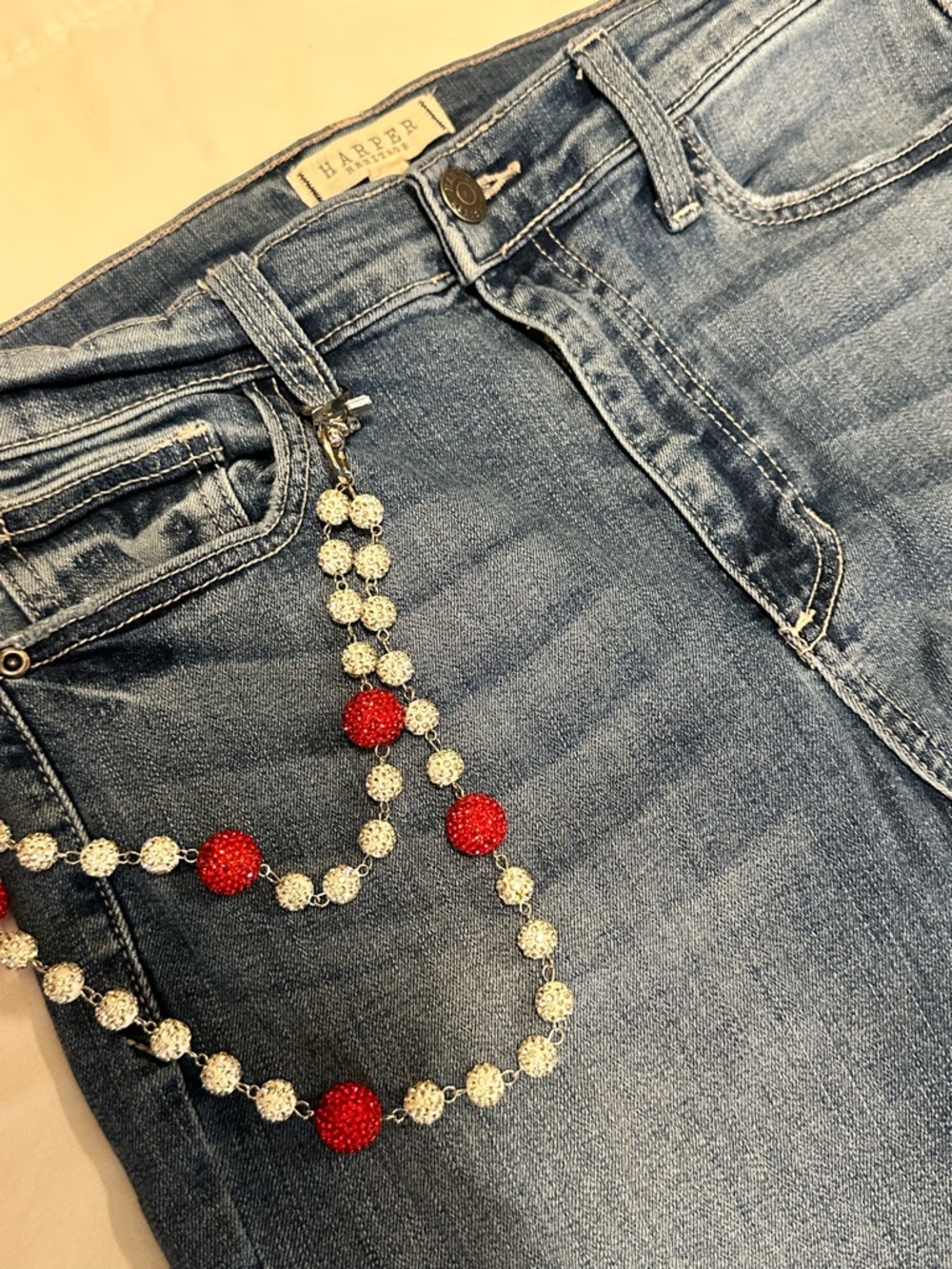 Harper Heritage Wide-Leg Flare Jeans with Red & White Bead Accent Accessory - Picture 4 of 7